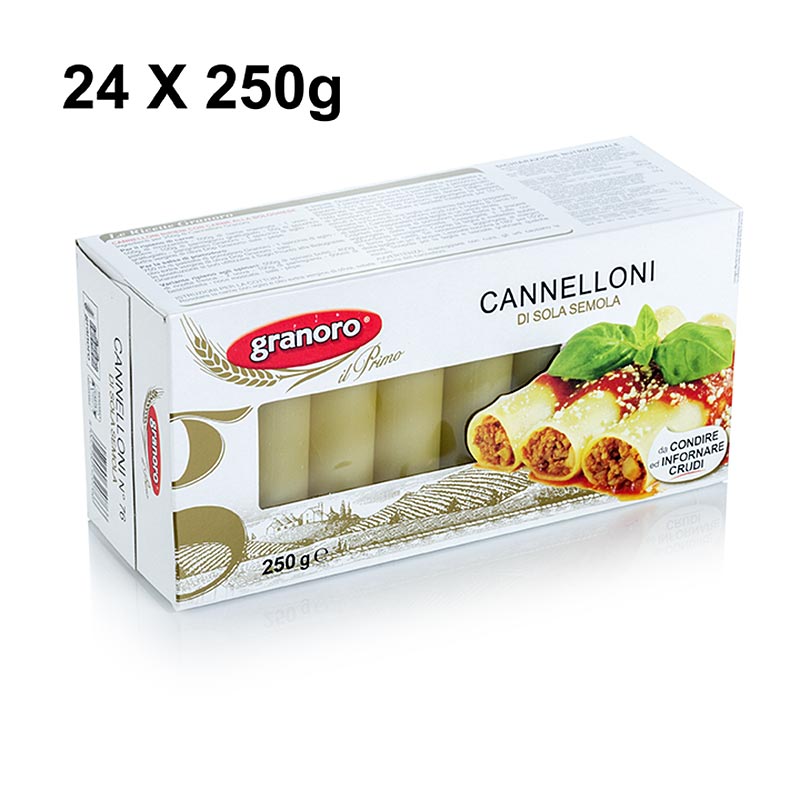 Granoro Cannelloni, ca 25 Rollen/Päckchen, No76, 6 kg, 24 x 250g - Cannelloni, dicke Röhren mit ca 2 cm Durchmesser, ca 8 cm lang Ideal zum Füllen mit einer Hackfleisch-Mischung Aus bestem Hartweizengrieß ohne Eier hergestellt Volumen ca 50ml/ 1 Röllchen