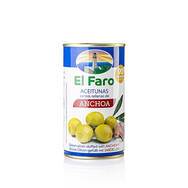 Olives vertes dénoyautées, fourrées aux anchois, El Faro, 350 g