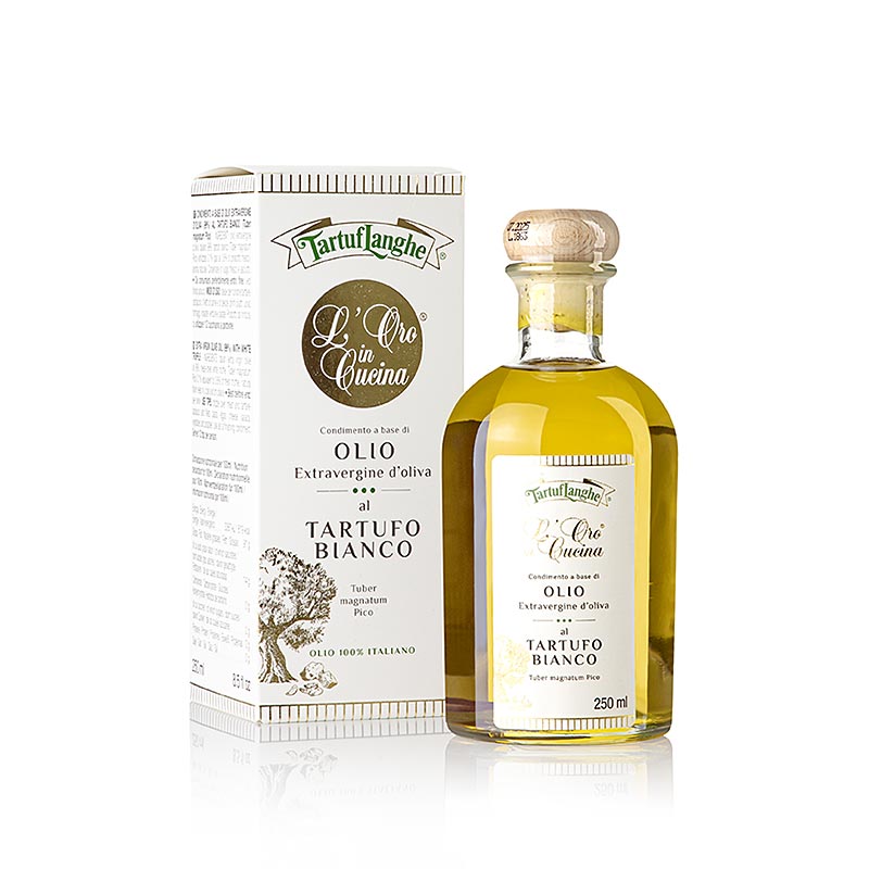 Flasche Tartuflanghe Natives Olivenöl Extra L´Oro in Cucina m weißem Trüffel & Aroma 250 ml, ein Extra Vergine Olivenöl mit gefriergetrockneten weißen Trüffeln und Aroma vom weißen Trüffel, ideal als Trüffelersatz oder zur Geschmacksanreicherung, perfekt für Vorspeisen, Spiegeleier, Pilzsalate, Filetsteaks, Tartar und Käsesorten, nur 1/2 Teelöffel pro Portion