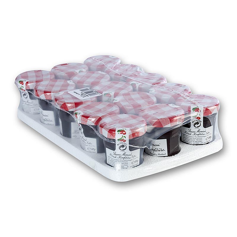 Kleine Portionsgläser mit 30g Bonne Maman Kirsch-Konfitüre, praktisch verpackt