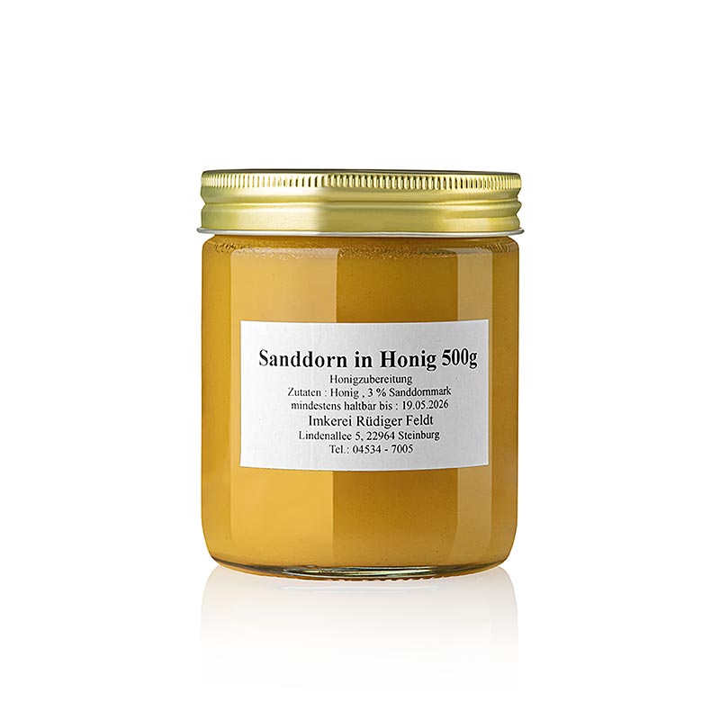 Imkerei Feldt - Sanddorn in Honig, harmonisch, mild-fruchtig, 500 g
