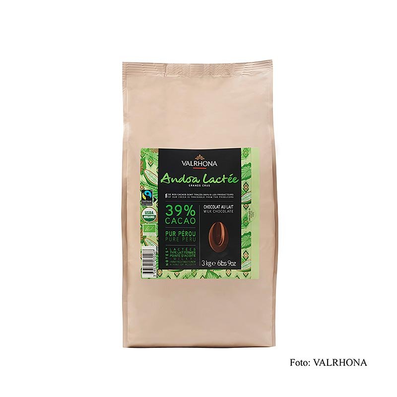 Valrhona Andoa Lactée, copertura al latte, callets, 39% cacao, BIO, 3 kg | Copertura, stampi per cioccolato, prodotti al cioccolato | thungourmet