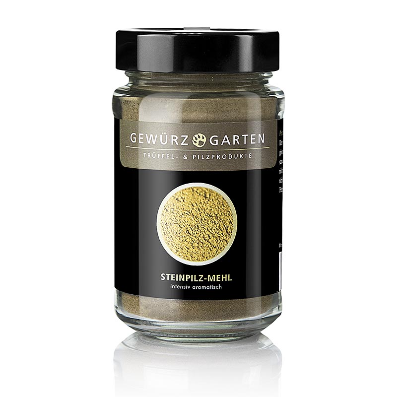 Bild zeigt Gewürzgarten Steinpilzmehl (Pulver), 95 g - fein gemahlenes, hochwertiges Pulver aus getrocknetem Seehase, perfekt für Saucen, Suppen, Risottos und mehr, verleiht Gerichten Tiefe und Komplexität