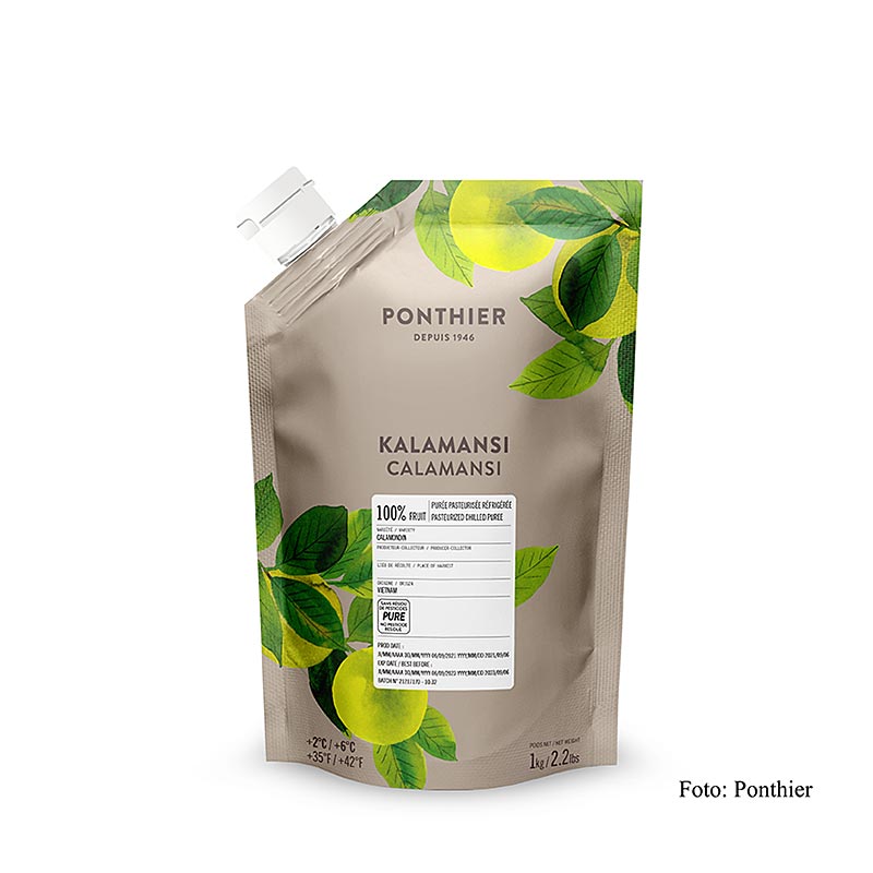 Fruchtpüree von Ponthier - Zitrone Kalamansi, ungezuckert, 100% Frucht, 1 kg - Intensive Farbe, authentischer Geschmack, perfekt für Torten, Gebäck, Dessert oder Eis