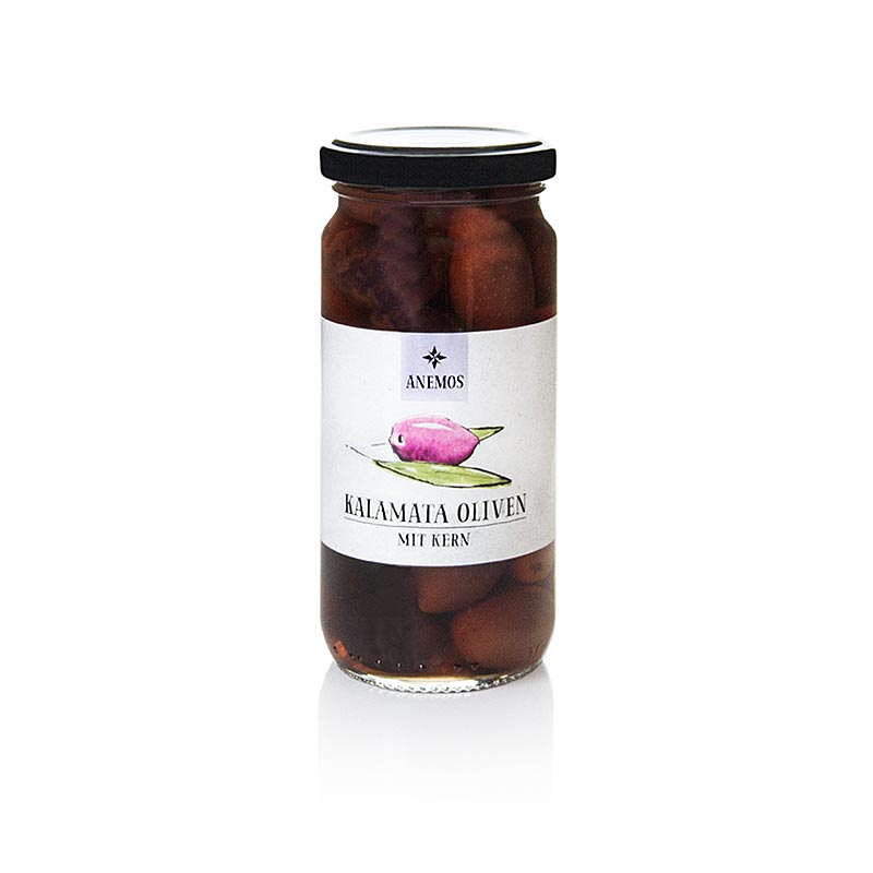 Olives noires dénoyautées, olives Kalamata, en saumure, ANEMOS, 227 g