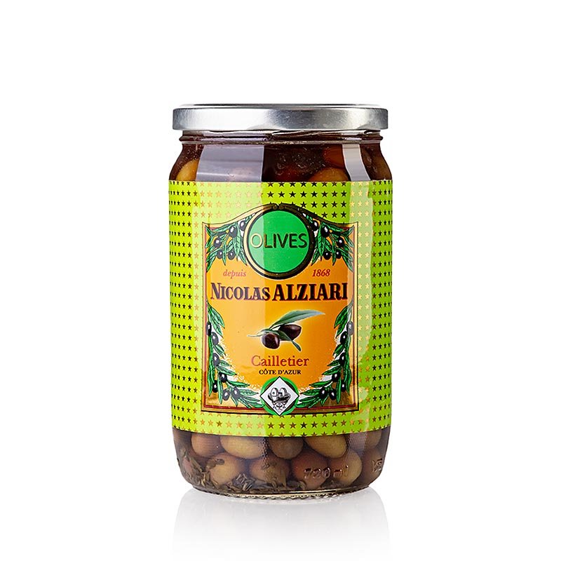 Oliven Mischung, grüne & schwarze Cailletier, mit Kern, eingelegt, Alziari, 480 g | Eingelegtes, Eingemachtes, Antipasti | thungourmet