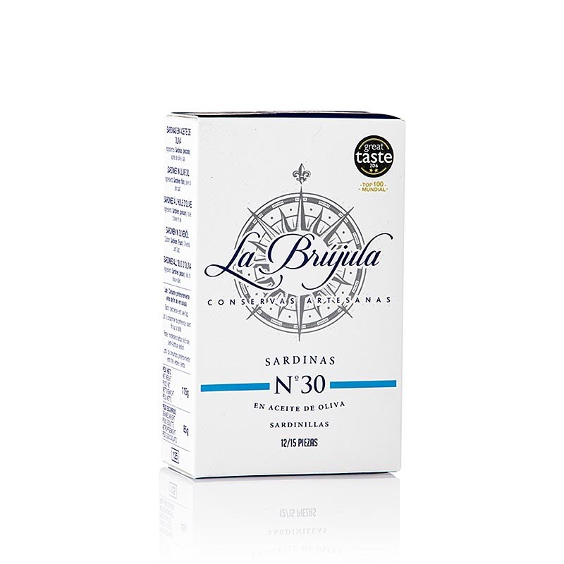 Sardinen, ganz, in Olivenöl, 12 - 15 Stück, La Brújula, 115 g | Kaviar, Austern, Fisch - und Meerestier - Produkte | thungourmet