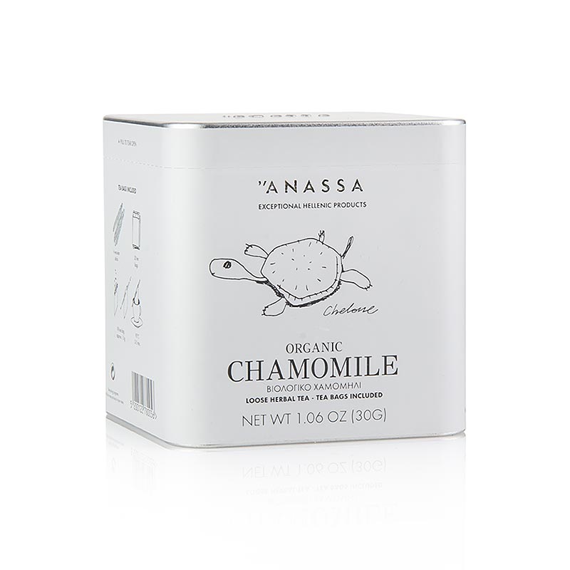 Organic ANASSA Chamomile Tea (Kamillen Tee) with 20 bags, 30g loose, for a soothing and relaxing herbal infusion experience