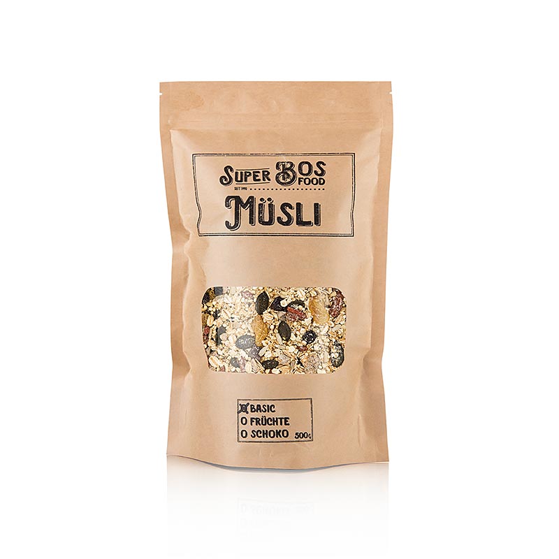 Leckeres und nahrhaftes BOS FOOD Super Müsli - Basic, 500 g - eine ausgewogene Mischung aus Cerealien, Nüssen und Trockenfrüchten für den perfekten Start in den Tag Ideal für Müsliliebhaber und Familien Leicht zuzubereiten mit Milch oder Joghurt
