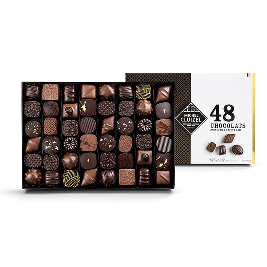 48 verschiedene Pralinen aus Vollmilch- & Zartbitterschokolade in der Coffret N48 - 48 verschiedene Pralinen, Michel Cluizel (13048), 525 g, 48 St COFFRET MANUFACTURE NOIR & LAIT Schachtel, mit Ganache, Karamell, Praliné und Plantagenschokolade