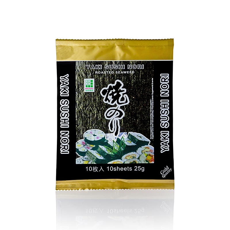 Yakinori formato intero, foglie di alga essiccate, tostate, oro, 25 g, 10 foglie