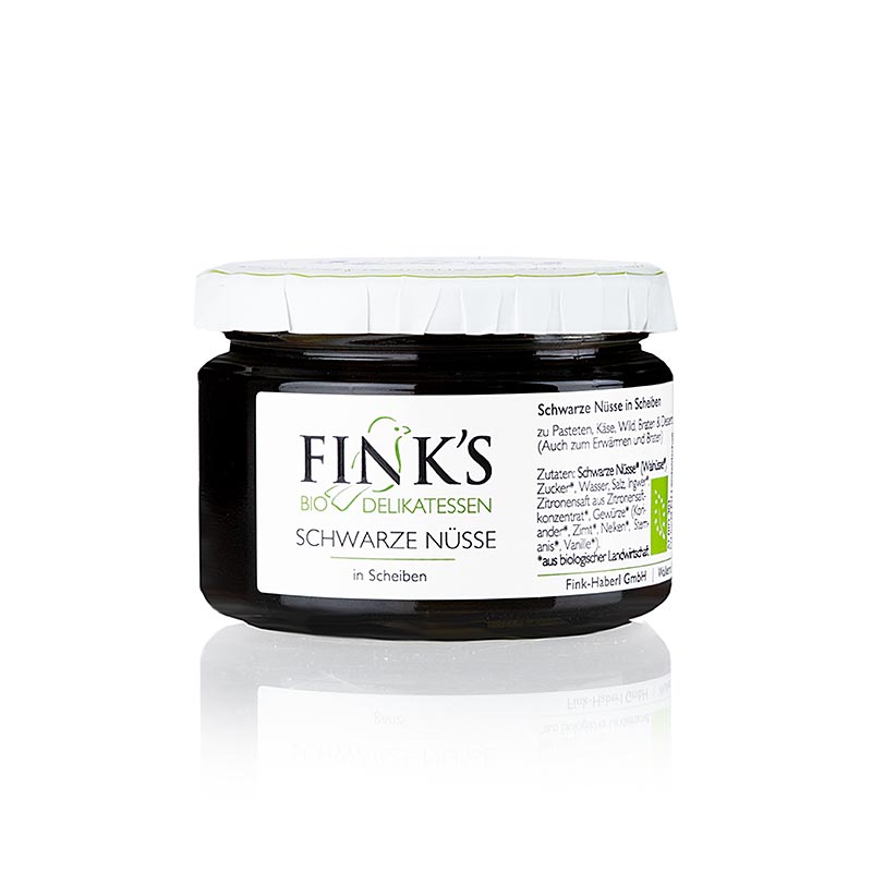Schwarze Walnüsse (in Scheiben) in kräftigem Sirup, Finks Delikatessen, BIO, 260 g