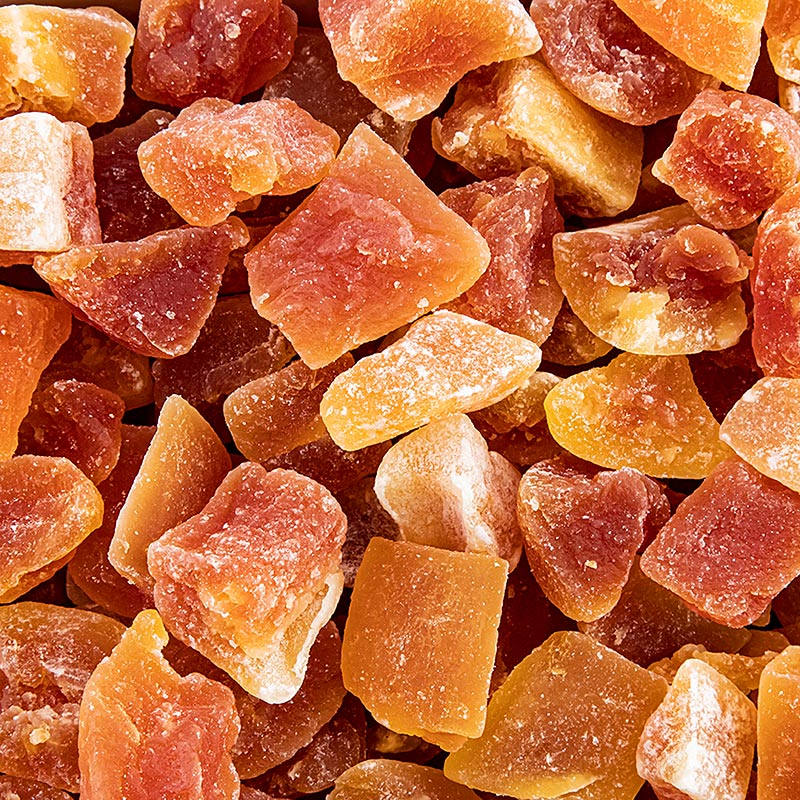 Getrocknete, geschwefelte Papaya-Chunks ohne E330 in praktischem 1kg-Beutel Ideal als gesunder Snack, im Müsli oder Joghurt, zum Aromatisieren von Kuchen und anderen Gerichten Verleihen Sie Ihren Gerichten eine exotische Note mit dem süßen und milden Geschmack der getrockneten Papayastücke