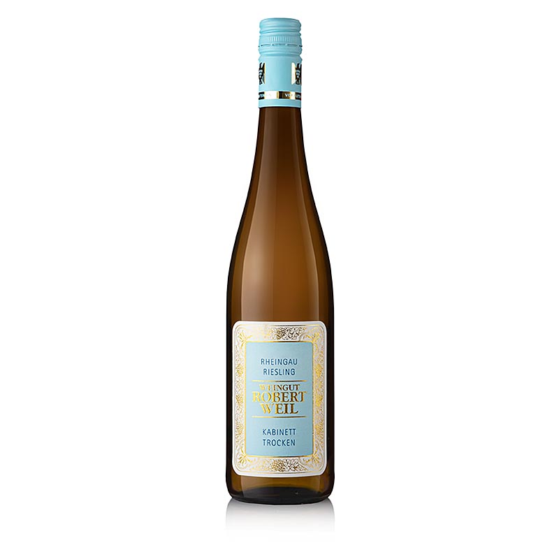 Flasche des R Weil 2022 Riesling Kabinett trocken Weißweins aus dem Rheingau, 0,75 l, 750 ml, präsentiert auf einem weißen Hintergrund