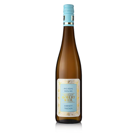 Flasche des R Weil 2022 Riesling Kabinett trocken Weißweins aus dem Rheingau, 0,75 l, 750 ml, präsentiert auf einem weißen Hintergrund