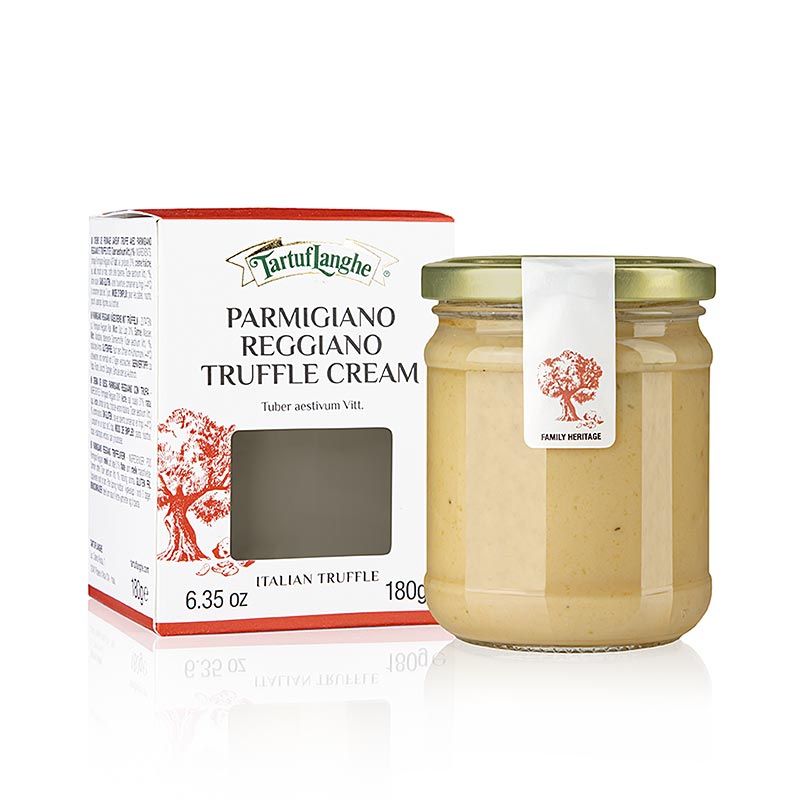 Ein Glas Tartuflanghe Crema con Parmigiano Reggiano, einer Parmesan-Sauce mit Sommertrüffel, 180 g, ideal zum Verfeinern von Pasta und anderen Gerichten