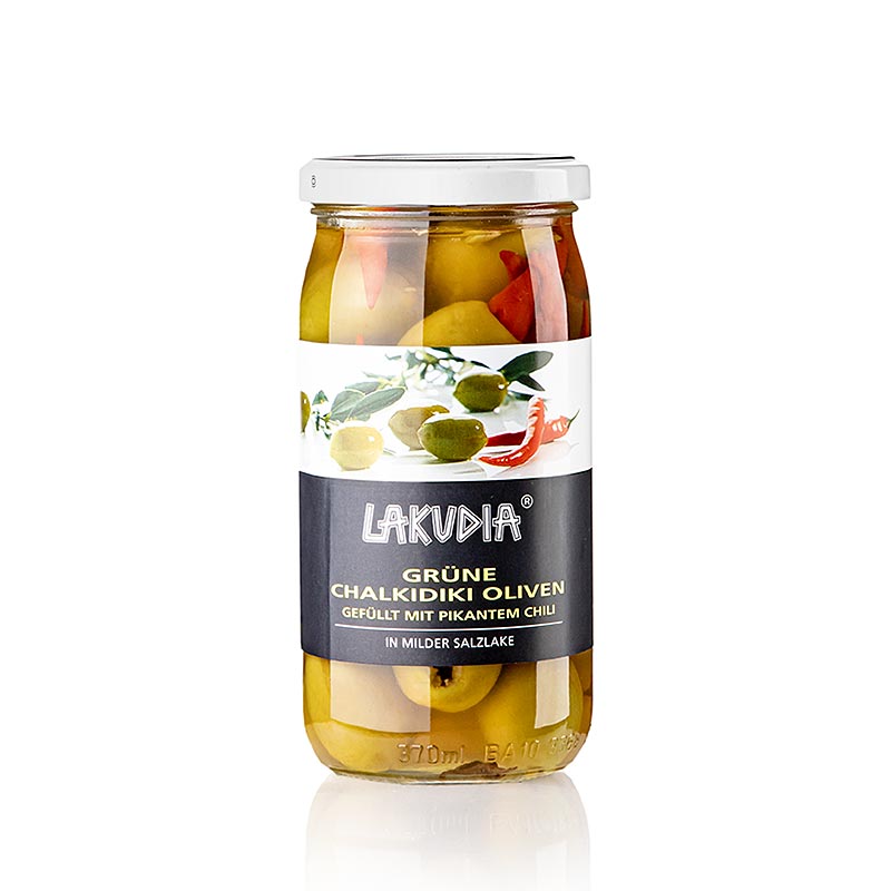 Olive verdi "Chalkidiki", snocciolate, con peperoncino, Lakudia, 355 g