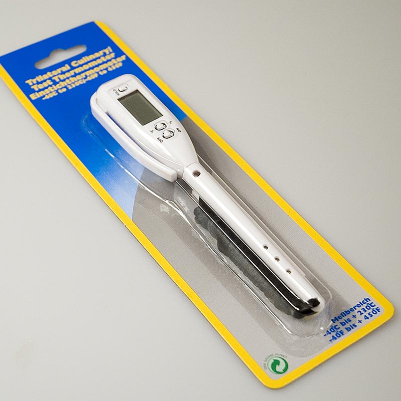 Thermomètre numérique avec sonde à piquer, plage de mesure -50°C à +300°C, sonde en acier de 140mm, résolution 0,1°C, commutation °C/°F, pile pour 5000 heures, étui de protection en plastique, 233 x 25 x 16mm, 40g
