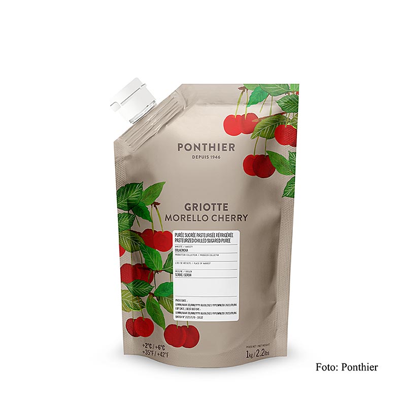 Purée de fruits Griottes-Cerise acidulée de Ponthier, intense et authentique, idéale pour la haute cuisine, les tartes, les pâtisseries, les desserts et les glaces.
