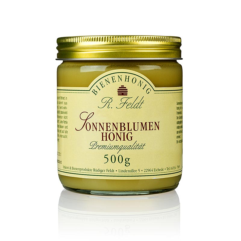 Miel de tournesol, jaune soleil, finement crémeux, délicatement aromatique, 500 g - Miel de tournesol d'été des champs de tournesol de France, délicatement crémeux, au goût doux et épicé, rappelant l'encens.