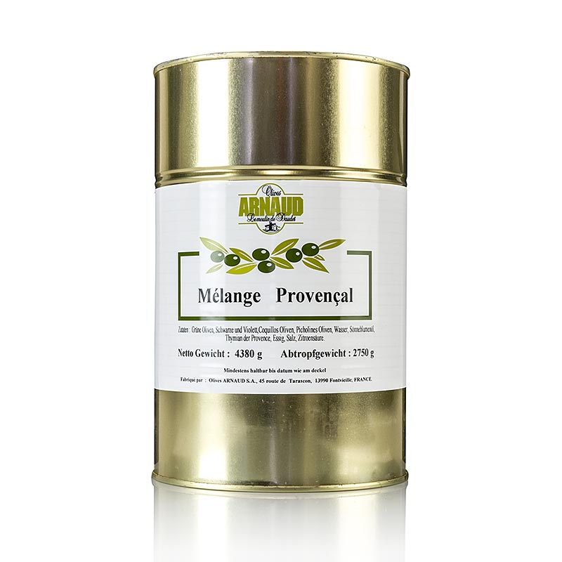 Mélange d'olives, mélange provençal, avec noyau, au thym, en saumure, Arnaud, 4,38 kg | Conserves, confitures, antipasti | thungourmet