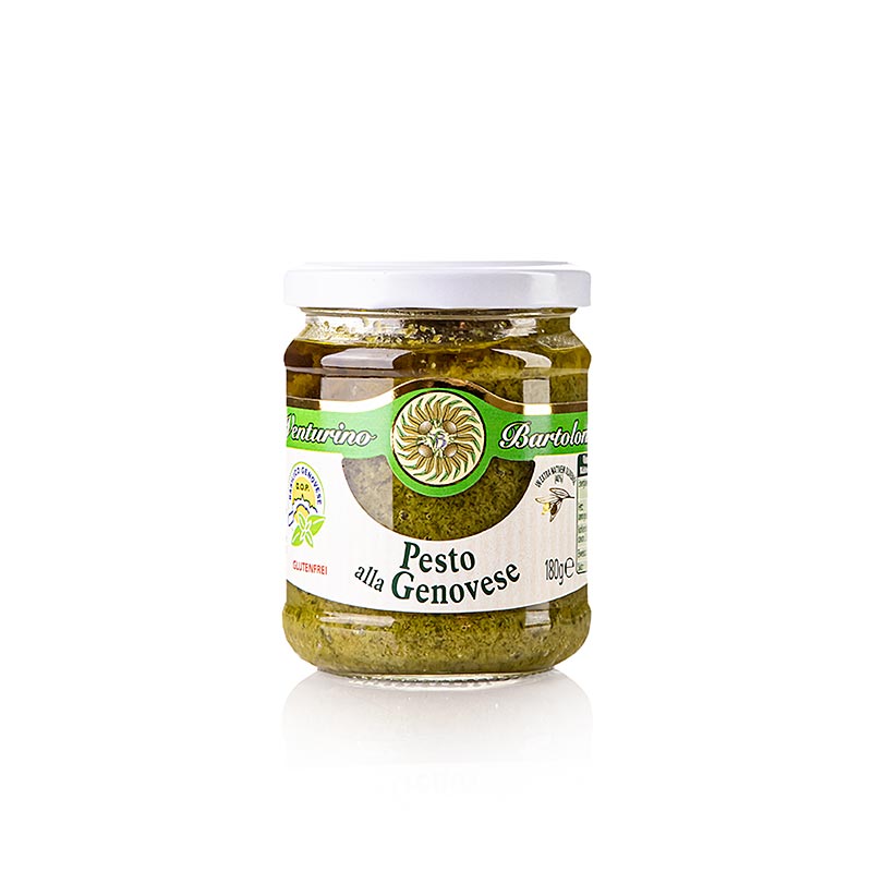 Pesto alla Genovese, sauce au basilic, Venturino, 180 g - sauce italienne traditionnelle au basilic de Genova DOP, huile d'olive, ail, pignons de pin, noix de cajou, grana padano et pecorino, idéale pour les pâtes ou les plats de viande