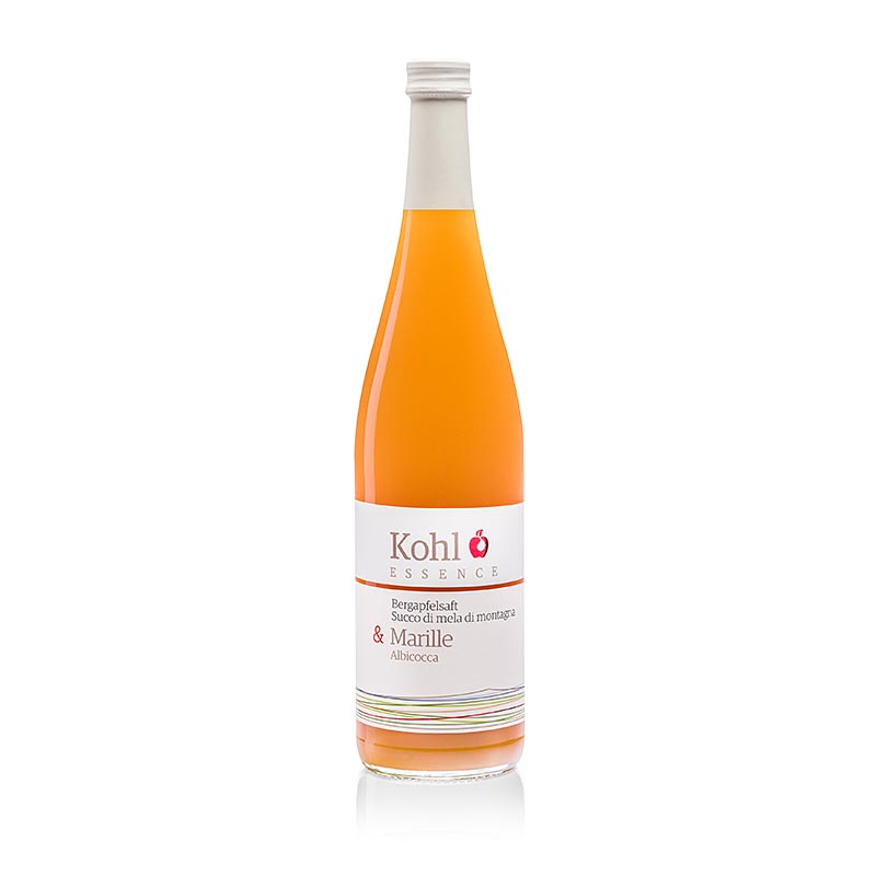 Jus de pomme de montagne + abricot ESSENCE, 750 ml - Jus de pomme et pulpe d'abricot naturels du Tyrol du Sud, parfait pour les gourmets, au goût sucré et acidulé, très rafraîchissant, idéal pour accompagner le poisson, le veau et les fromages à pâte pressée.
