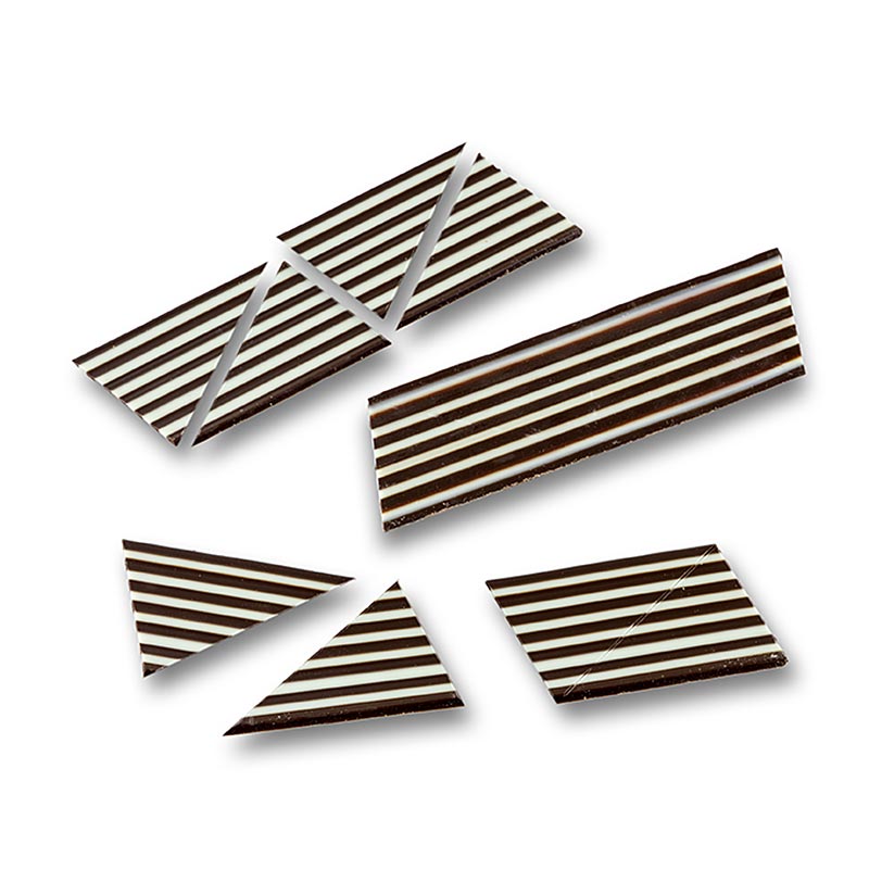 Décorations Domino Triangle chocolat blanc/noir rayé, 585 g, 314 pcs - décorations en chocolat rayé pour les desserts, la crème, la glace ou les gâteaux, au goût de chocolat blanc et noir et à la vanille naturelle.