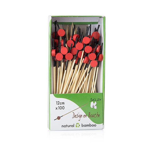 Brochettes en bambou, avec extrémité teintée en noir, disque rouge, 12cm, 100 pcs