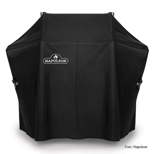 Housse de protection Napoléon - pour le barbecue à gaz RogueSE 425, montre le barbecue avec les tables latérales ouvertes, housse de protection pour barbecue d'extérieur