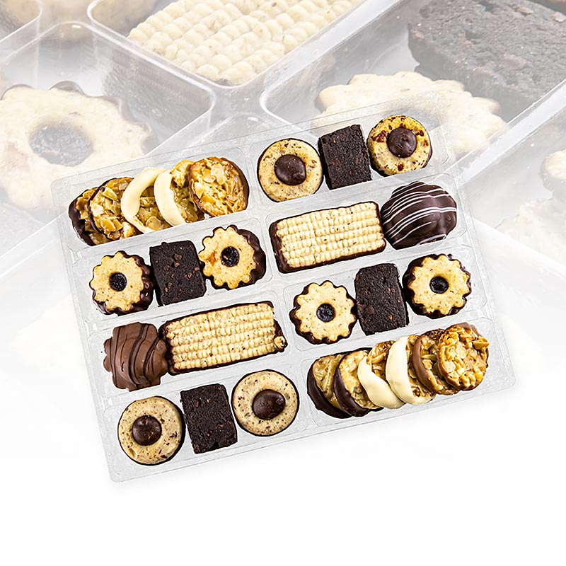 Mix de biscuits avec 9 délicieuses variétés : Linzer pâte sablée, Nougat Taler, Rum Marzipan Taler, Nuss Savarin, Cacao Schnitte, Florentiner Weiß, Florentiner Vollmilch, Florentiner Zartbitter, Tonka Nuss Schnitte