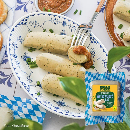 Greenforce - saucisse blanche végétalienne à base de protéines de pois, classique, 200 g, 4 pièces | Aliments végétariens et substituts de viande végétaliens | thungourmet