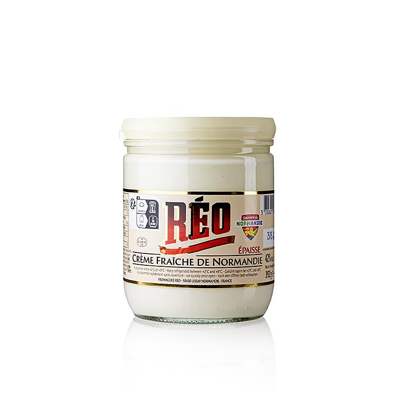 Crème Fraîche, 42% de matières grasses, RÉO (crème épaissie de Normandie), 392 g - Image du produit pour le paquet pratique de 392 g, parfait pour affiner les sauces, soupes et desserts