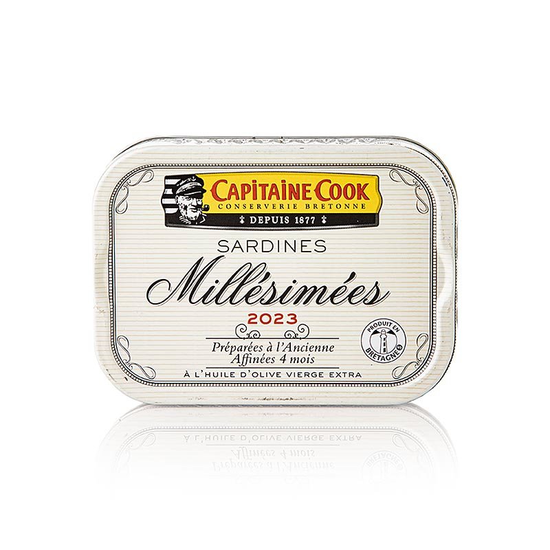 Sardines entières à l'huile d'olive, millésime 2023, Capitaine Cook, France, 115 g | Caviar, huîtres, poissons et fruits de mer | thungourmet