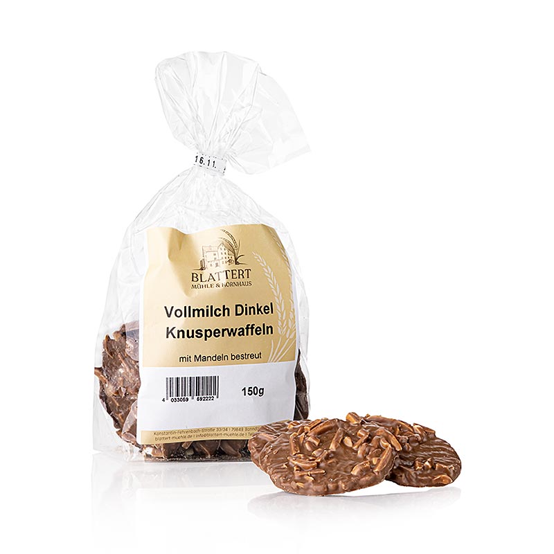 Blattert Mühle Gaufrettes d'épeautre avec éclats d'amandes au chocolat au lait, 150 g