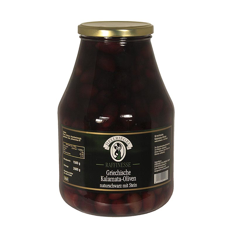 Olive nere, con nocciolo, olive Kalamata, extra large, in salamoia, Jardinelle, 2,6 kg