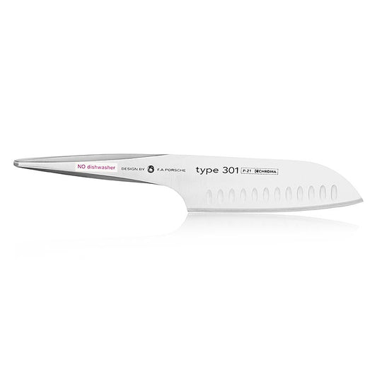 Tedesco: Coltello Santoku Chroma Tipo 301 P-21 di alta qualità con bordo smerlato, 18 cm, per tagli precisi in cucina