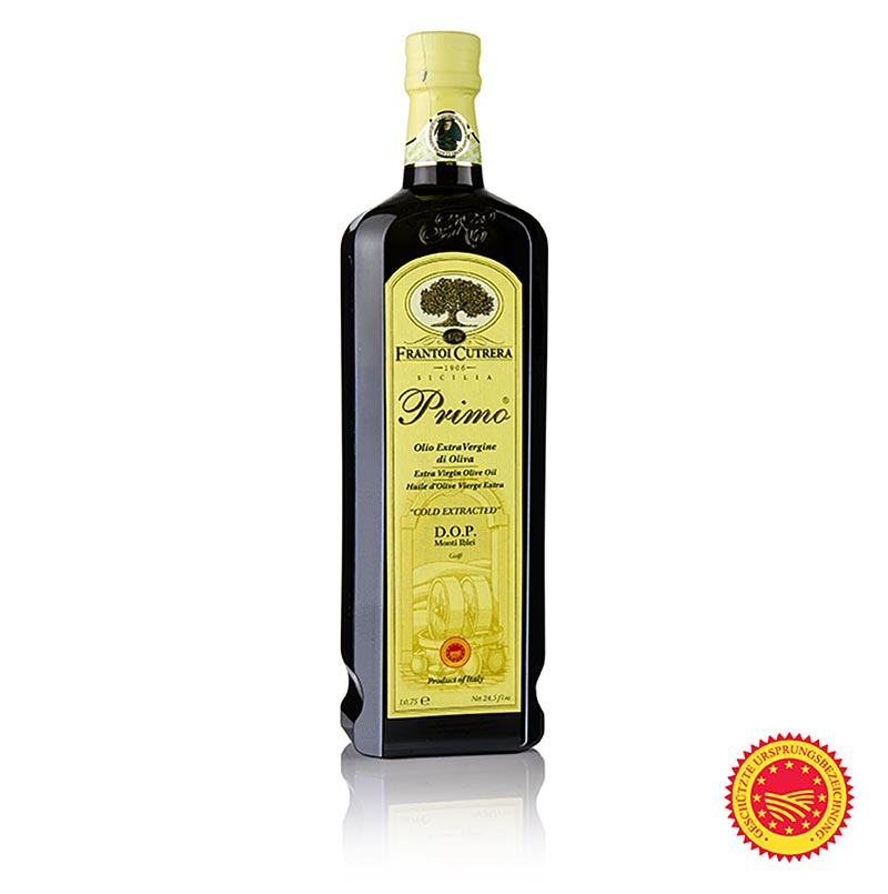Bottiglia 750 ml di olio extravergine di oliva Frantoi Cutrera Primo DOP/gU prodotto con olive 100% Tonda Iblea