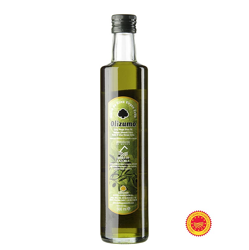 Olio extravergine di oliva, Aceites Guadalentin Olizumo DOP/gU, 100% Picual, 500 ml - Immagine del prodotto con un olio dal colore verde dorato intenso che profuma di erba, timo e menta fresca, prodotto nel più grande parco nazionale dell'Andalusia, le Sierras de Cazorla, Segura y Las Villas, nella provincia di Jaen.
