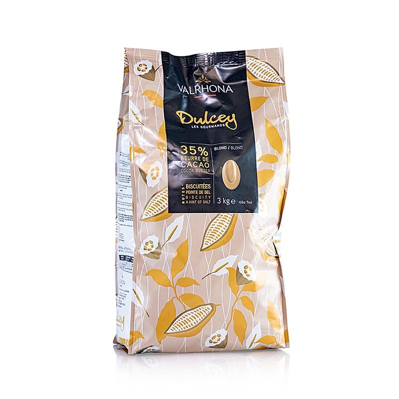Valrhona Dulcey, copertura bionda, callets, 35% cacao, 3 kg | Copertura, stampi per cioccolato, prodotti al cioccolato | thungourmet