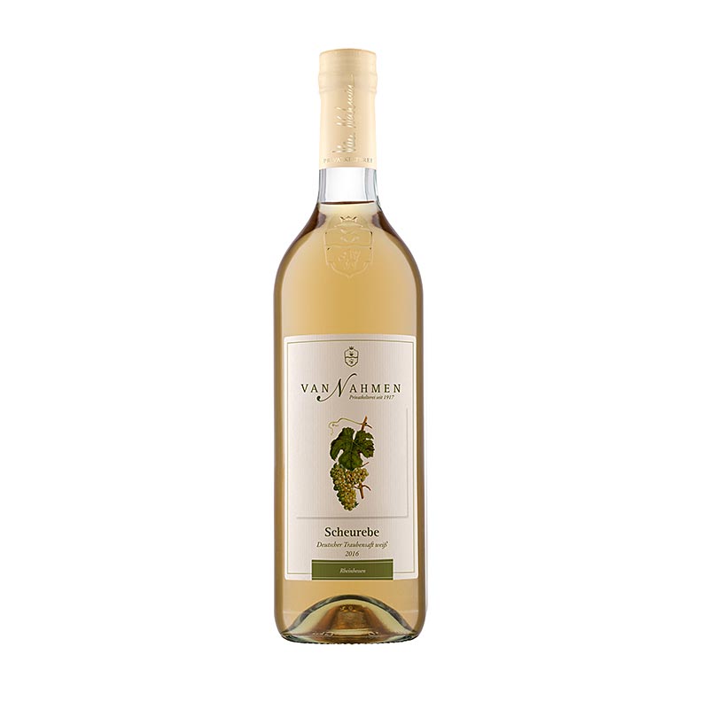 Succo d'uva Scheureben bianco, 100% succo diretto, van Nahmen, biologico, 750 ml - Immagine del prodotto con descrizione della lavorazione della frutta e della tradizione della cantina privata van Nahmen di Hamminkeln in Renania