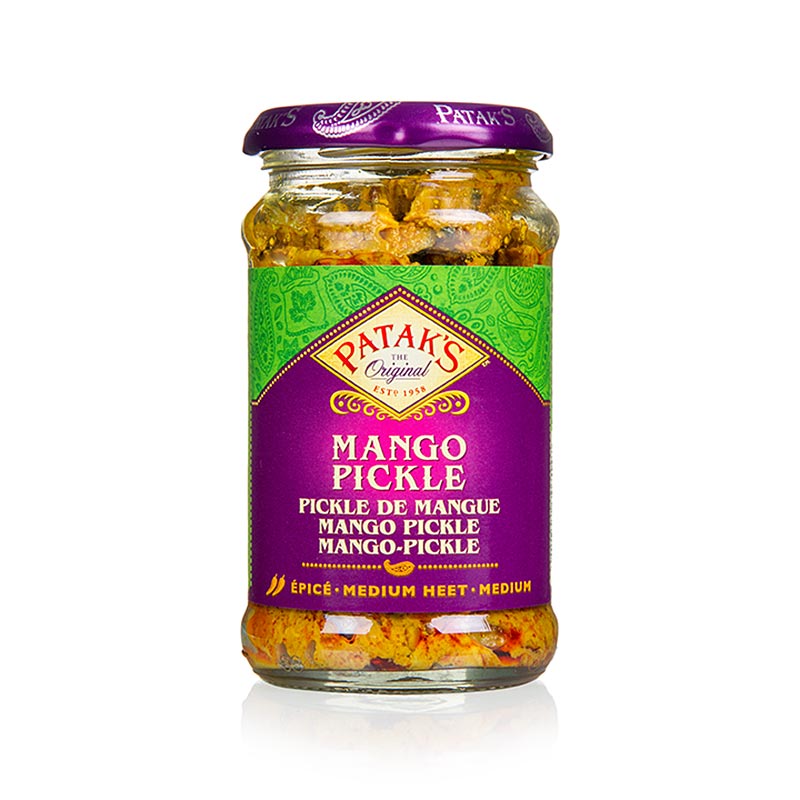 Mango pickles, medium, Patak's, 283 g - Contorno indiano piccante a base di mango cotto e una miscela di spezie, tradizionalmente servito con piatti indiani, si accompagna anche a insalate, salsicce, affettati, pizze, può essere trasformato in una salsa con maionese o yogurt.