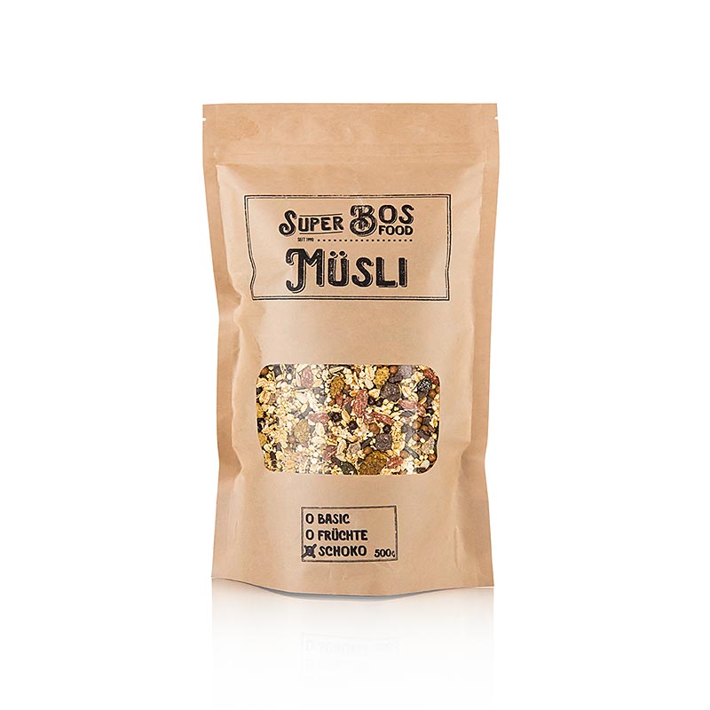 Super Muesli BOS FOOD al cioccolato con semi di chia, amaranto, quinoa e noci, per un inizio di giornata perfetto.