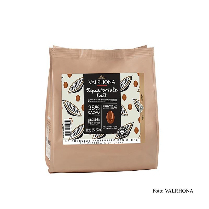 Valrhona Equatoriale Lait, copertura al latte intero, callets, 35% di cacao, 1 kg Copertura, stampi per cioccolato, prodotti al cioccolato | thungourmet