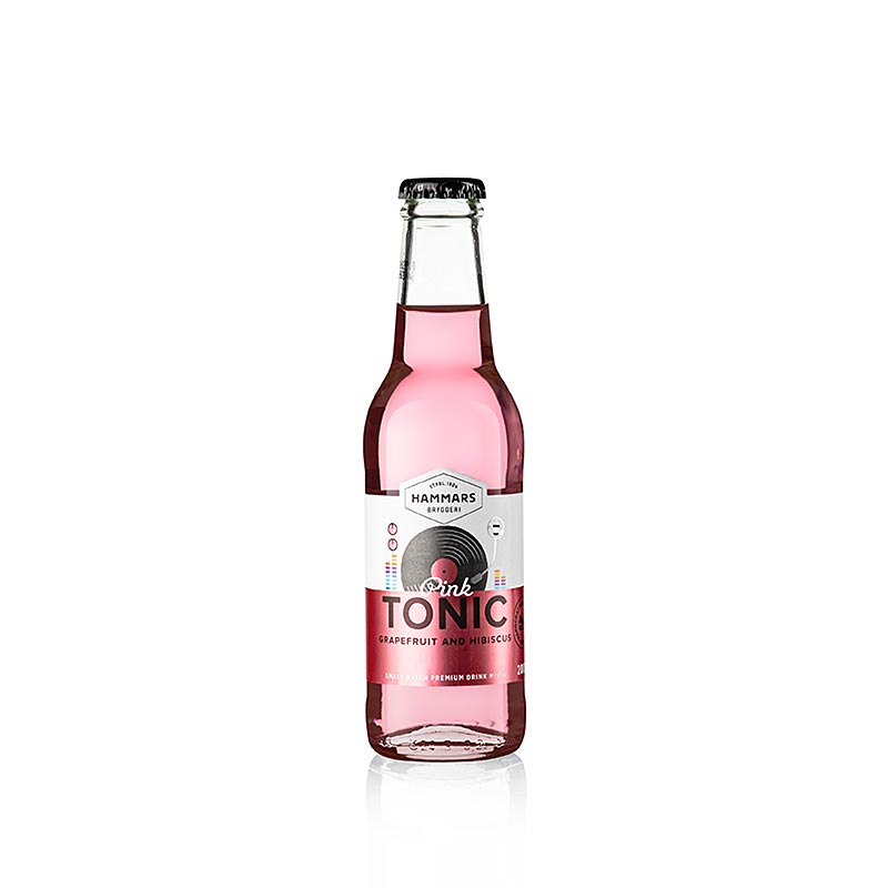Hammars Tonic Pink Grapefruit & Hibiscus, Svezia, 200 ml - Una tonica fresca con meravigliosi aromi di pompelmo e ibisco e un bellissimo colore rosa, che è stata premiata con l'ORO al Tonic & Mixer Masters nel 2021 nella competizione internazionale delle toniche nella categoria: Toniche aromatizzate.