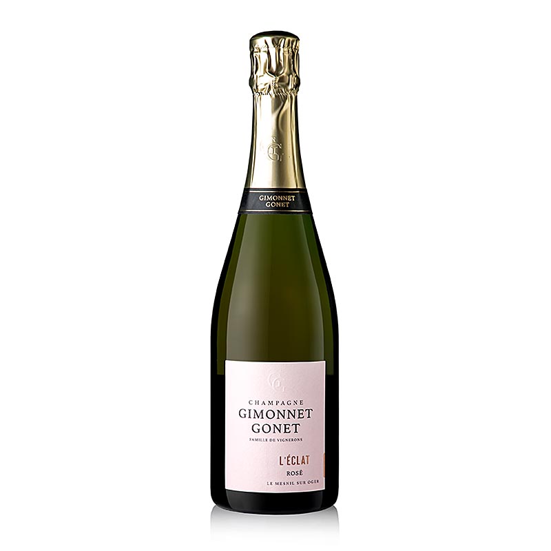 Bottiglia di Champagne Gimonnet Gonet l'Eclat rosé brut, 750 ml, su sfondo bianco con etichetta dorata e sigillo rosso