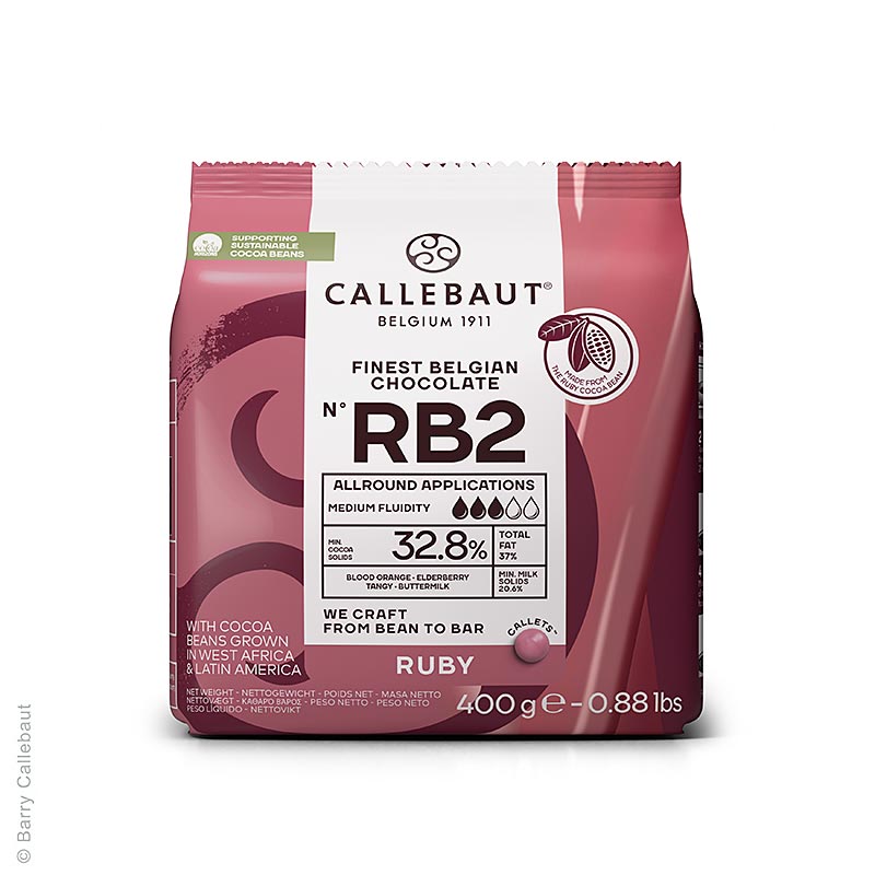 Ruby RB2 - Cioccolato rosa (32,8%), Callets Couverture, Callebaut, 400 g | Copertura, forme di cioccolato, prodotti di cioccolato | thungourmet