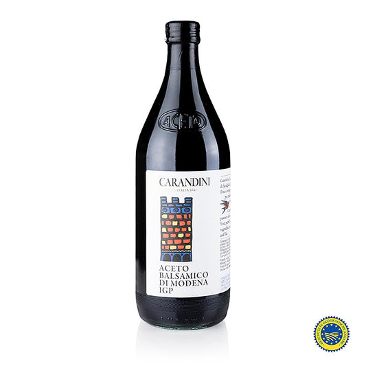 Carandini Aceto Balsamico Modena ggA, 6 Monate, Classico (bunte Burg, ehemals Ducale), 1 l - Bild eines 6 Monate alten feinen, milden und fruchtigen Balsamicos mit einem würzigen Geruch und Geschmack, ideal für Salatdressings und zum Ablöschen von Speisen, auch als Weinessig einsetzbar, in verschiedenen Größen erhältlich