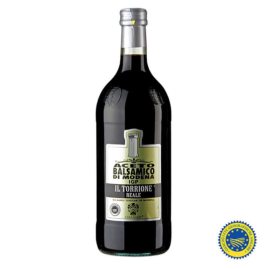 Bild eines jungen Aceto Balsamico di Modena ggA, 1 Jahr, Riserva (Reale), 1 l Flasche, mit kräftiger Säure und deutlicher Balsamico Note, für Salat-Dressings und Speisenablösung, auch als Weinessig einsetzbar