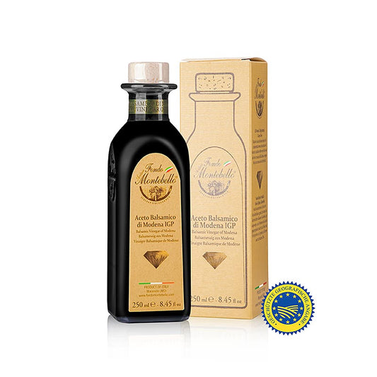 Aceto Balsamico di Modena ggA, FM 02, 250 ml - Apothekerflasche in gelbem Karton, perfekte Balance zwischen Säure und Süße, ideal für hochwertige Speisen und Saucen, auch in Obstsalaten und zu frischen Erdbeeren